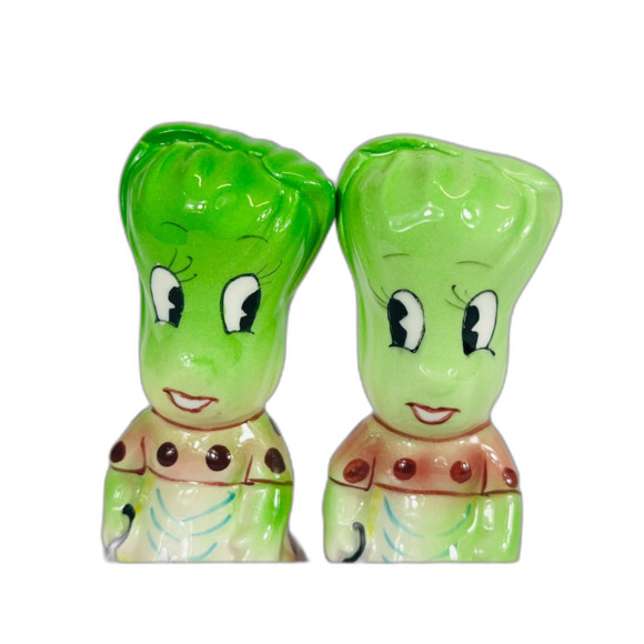 Vtg Japan Anthromorphic Lettuce Leek Ladies Salt and Pepper Shakers Side Eye - Picture 6 of 10